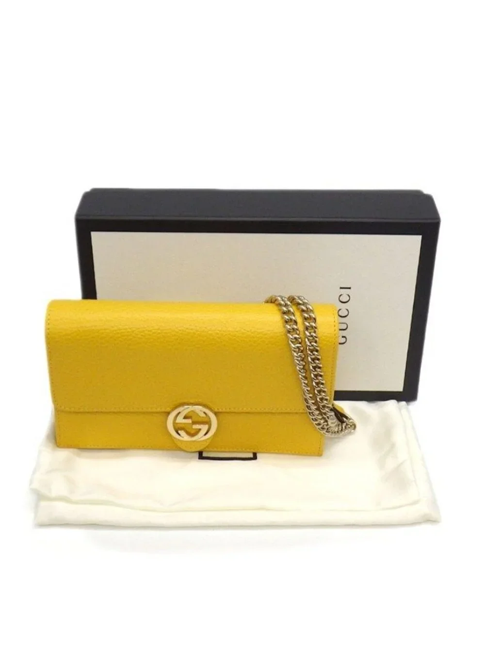 Gucci Shoulder Bag Clutch Interlocking G Chain Wallet Yellow Leather Gold